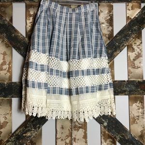 Chambray & cream plaid & crochet like lace skirt